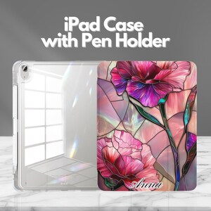 Personalisierte Glasmalerei Blumen iPad Hülle mit Stifthalter für iPad 11 ", iPad Air, iPad Pro, iPad Mini Gen 8.3" Slim Trifold Stand Cover