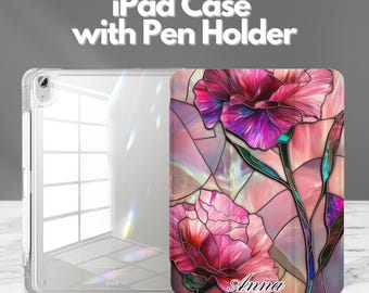 Funda personalizada para iPad con diseño floral de vitral y soporte para Apple Pencil. Compatible con iPad de 11", iPad Air, iPad Pro y iPad Mini de 8.3". Diseño delgado plegable en tres partes.