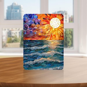 Ocean Waves Stained Glass Kindle Case with Hand Strap for Kindle 6 6.8 7 inch, Paperwhite 12 11, Colorsoft/Scribe/Oasis, Kindle 11 10 Gen