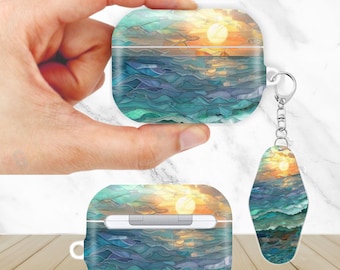 Stained Glass Sun Aesthetic AirPods Case for AirPods Pro 3 2 1, AirPod 4 3, AirPod 2 1 Gen, Aesthetic Cover with Keychain Keyring