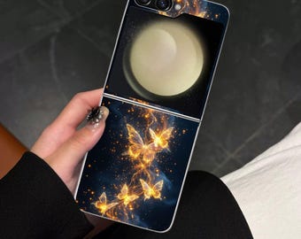 Whimsical Night Butterfly Galaxy Flip Phone Case for Samsung Galaxy Z Flip, Motorola Razr with Screen Protector