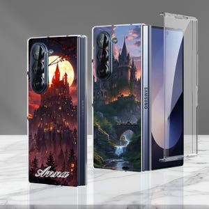 May include: Samsung phone case featuring a fantasy castle design. The case displays a detailed illustration of a castle under a full moon and a sunset sky. The name "Anna" is written at the bottom. The phone case is shown open and closed.