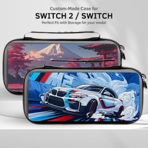 Könnte beinhalten: Zwei schwarze Switch 2 / Switch-Hüllen. Eine Hülle zeigt eine japanische Landschaft mit einem Berg und roten Bäumen. Die andere Hülle hat einen weißen Sportwagen mit blauen und roten Akzenten. Der Text oben lautet "Custom-Made Case for SWITCH 2 / SWITCH".