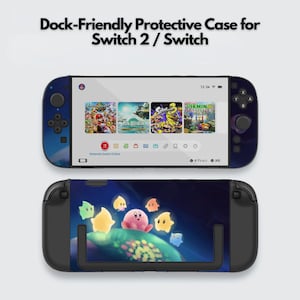 Könnte beinhalten: Eine Schutzhülle für eine Switch 2 / Switch-Konsole. Die Hülle ist schwarz und blau mit einem farbenfrohen Design mit Charakteren aus einem Videospiel. Der Bildschirm zeigt verschiedene Spielsymbole an. Der Text "Dock-Friendly Protective Case for Switch 2 / Switch" steht oben.
