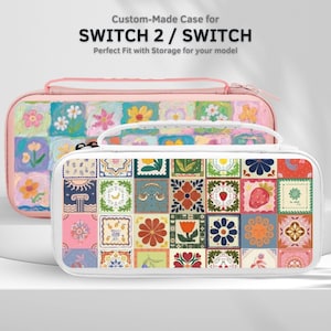 May include: Two rectangular carrying cases for gaming consoles. The back case is pink with a grid of painted flowers. The front case is white with a grid of colorful tiles featuring suns, strawberries, flowers, and geometric patterns. Text reads: Custom-Made Case for SWITCH 2 / SWITCH.