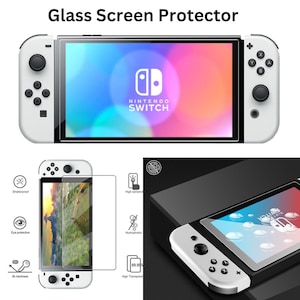 May include: A white Nintendo Switch console with a clear glass screen protector. The screen protector is advertised as shatterproof, eye protection, 9H hardness, hydrophobic, and 99.99% transparent.