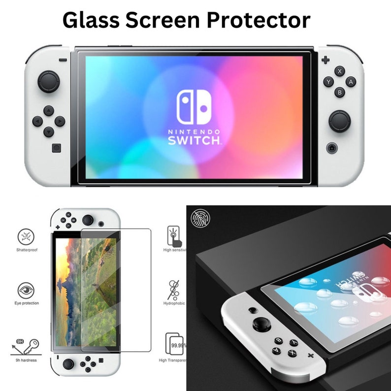May include: A white Nintendo Switch console with a clear glass screen protector. The screen protector is advertised as shatterproof, eye protection, 9H hardness, hydrophobic, and 99.99% transparent.