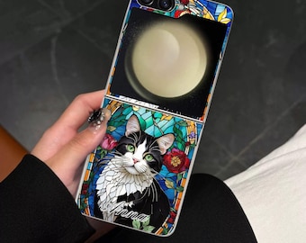 Stained Glass Cat Galaxy Flip Phone Case for Samsung Galaxy Z Flip, Motorola Razr with Screen Protector