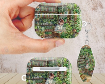 Cozy Botanical Bookstore AirPods Case for AirPods Pro 3 2 1, AirPod 5 4 3 2 1, Protective Cover with Keychain