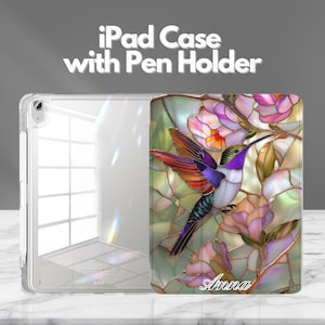 Personalized Hummingbird Stained Glass iPad Case with Pencil Holder for iPad 11", iPad Air, iPad Pro, Mini Gen 8.3",Slim Trifold Stand Cover