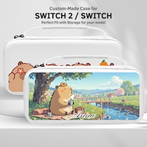 May include: White Switch 2 / Switch case with a cartoon illustration of a capybara enjoying a picnic. The case has a zipper closure and a handle. The text "Custom-Made Case for SWITCH 2 / SWITCH" is at the top.