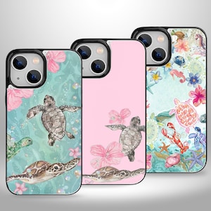May include: Three phone cases with sea turtle designs. One case has a teal background with turtles, pink flowers, and bubbles. Another is pink with a turtle and flowers. The third has a watercolor design with sea creatures.