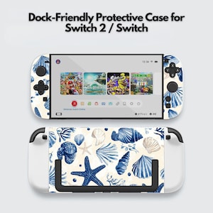 May include: A protective case for a Switch 2 / Switch with a cream background and a pattern of blue seashells, starfish, and seaweed. The text "Dock-Friendly Protective Case for Switch 2 / Switch" is at the top.