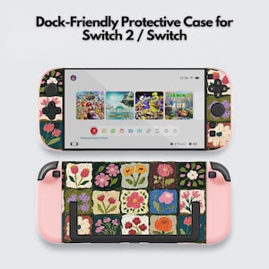 May include: A dock-friendly protective case for Switch 2 / Switch featuring a colorful floral quilt-like pattern with pink, red, orange, and white flowers on a dark green background. The case includes solid light pink side controller covers.