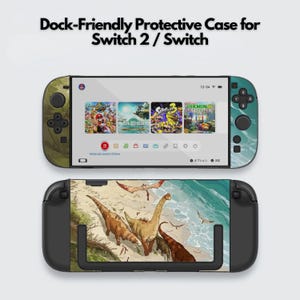 May include: Protective case for Switch 2 / Switch. The case features a dinosaur-themed design on the bottom half and a screen displaying game icons. The top half has a green and blue marbled design. The text "Dock-Friendly Protective Case for Switch 2 / Switch" is at the top.