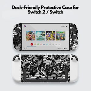 May include: A dock-friendly protective case for a gaming console featuring a black lace pattern on a white background. The case covers the front and back of the device, including the controllers, with a detailed floral lace design throughout.