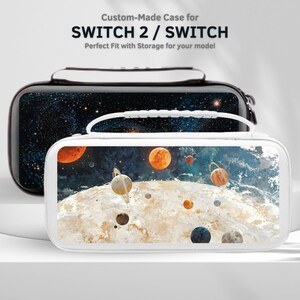 May include: Two custom-made cases for SWITCH 2 / SWITCH. One case is black with a starry night design, and the other is white with a watercolor planet design. Both cases have a handle and the text "Custom-Made Case for SWITCH 2 / SWITCH".