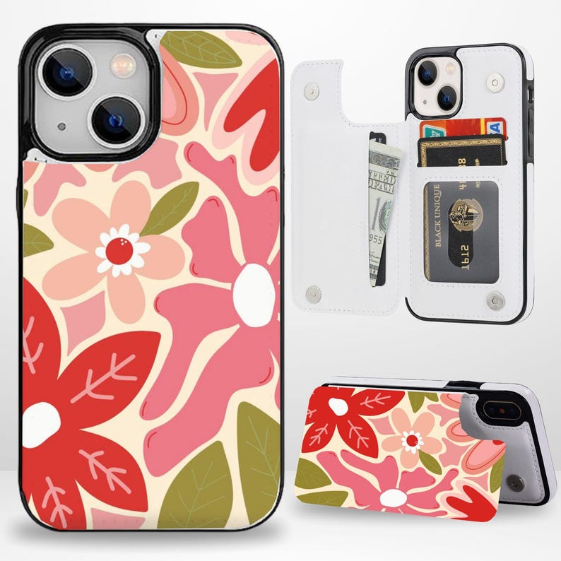 Peut inclure: Une coque de t&eacute;l&eacute;phone blanche avec un motif floral. La coque dispose d'un portefeuille int&eacute;gr&eacute; avec des emplacements pour cartes et de l'argent liquide. La coque est pr&eacute;sent&eacute;e en trois vues diff&eacute;rentes.