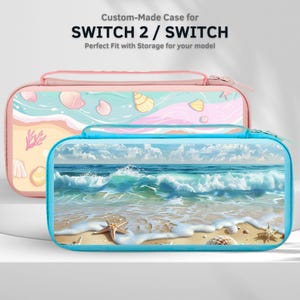 May include: Two custom-made cases for SWITCH 2 / SWITCH. One case is light pink with a beach and seashell design. The other case is light blue with a beach and ocean wave design. The cases have a zipper closure.