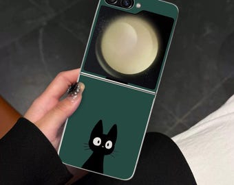 Black Cat Art Galaxy Flip Phone Case for Samsung Galaxy Z Flip, Motorola Razr with Screen Protector