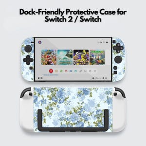 May include: A light blue floral patterned protective case for a Switch 2 / Switch. The case features a screen displaying game icons and the text "Dock-Friendly Protective Case for Switch 2 / Switch".