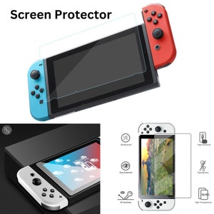May include: Two Nintendo Switch consoles with screen protectors. The top console is blue and red, and the bottom console is white. The screen protectors are clear and have a variety of features, including shatterproof, eye protection, 9H hardness, high sensitivity, hydrophobic, and high transparency.