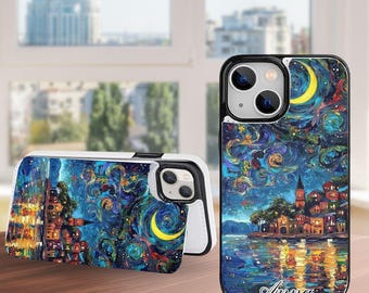 Funda tipo cartera personalizada con diseño de paisaje de noche estrellada y tarjetero para iPhone 17 16, Pro Max, Samsung Galaxy S26 S25 S24 Ultra Plus