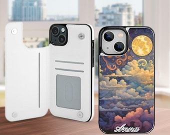 Celestial Moon Sun Wallet Phone Case with Card Holder for iPhone 18 Pro Max, 17E 17 16 15, Samsung Galaxy S26 S25 S24 Ultra Plus