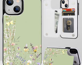 Funda tipo cartera con estampado botánico de flores silvestres y tarjetero para iPhone 17 16 15 14 13 Pro Max Plus, Samsung Galaxy S26 S25 S24 S23 Ultra Plus