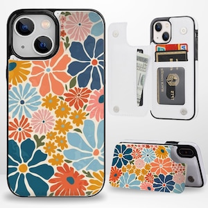 Étui portefeuille esthétique floral rétro avec porte-cartes pour iPhone 17 16 15 14 13 Pro Max Plus, Samsung Galaxy S26 S25 S24 Ultra Plus 3