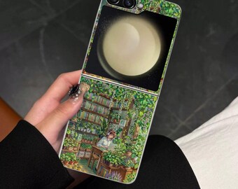 Cozy Botanical Bookstore Galaxy Flip Phone Case for Samsung Galaxy Z Flip, Motorola Razr with Screen Protector