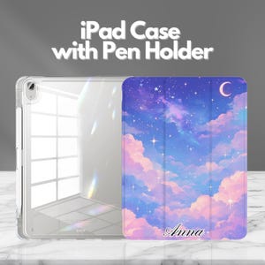 Personalized Cute Sky Clouds iPad Case with Pencil Holder for iPad 11", iPad Air, iPad Pro, iPad Mini 6 7 Gen 8.3", Slim Trifold Stand Cover
