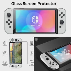 以下が含まれることがあります： Nintendo Switchコンソール用のガラス製スクリーンプロテクター。画像は、Nintendo Switchのロゴが見える状態で、コンソールに適用されたスクリーンプロテクターを示しています。追加の画像は、飛散防止、目の保護、高透明度などの機能を強調しています。