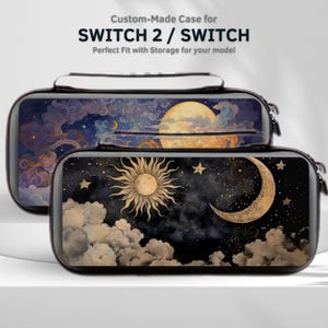 May include: Custom-made case for SWITCH 2 / SWITCH. The cases feature celestial designs with a sun, moon, stars, and clouds. The top case has a full moon design. The bottom case has a sun and crescent moon design. The cases are black with a zipper closure.