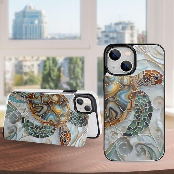 Sea Turtle Stained Glass Wallet Phone Case with Card Holder, Kickstand for iPhone 17 16 15 14 13, Samsung Galaxy S25 S24 S23