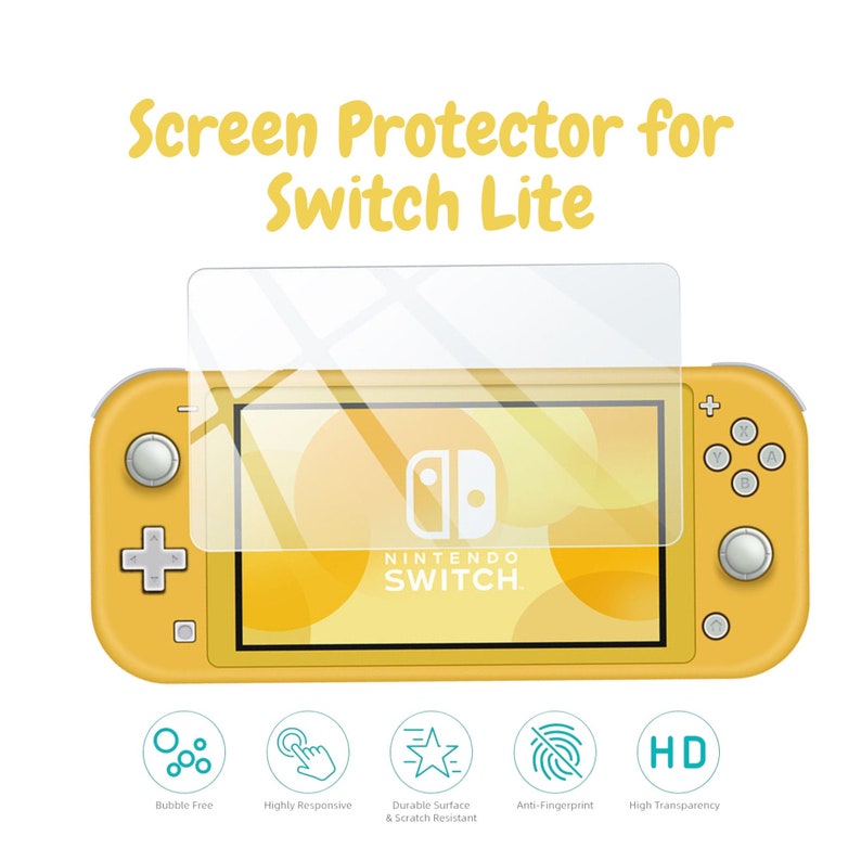 K&ouml;nnte beinhalten: Eine gelbe Nintendo Switch Lite-Konsole mit angebrachtem Displayschutz. Der Displayschutz ist transparent und bedeckt den Bildschirm. Auf dem Bildschirm steht "NINTENDO SWITCH". Zus&auml;tzlicher Text lautet "Screen Protector for Switch Lite".