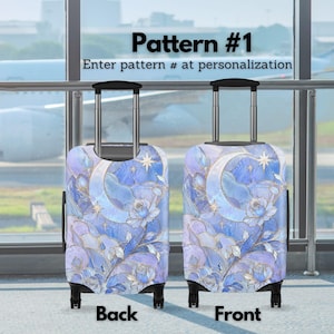 May include: Two upright suitcases with telescoping handles featuring a blue and purple celestial pattern with moons, stars, and flowers. Text reads: Pattern #1. Enter pattern # at personalization. The labels Back and Front are below each suitcase.