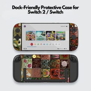 Pode incluir: Capa protetora para Switch 2 / Switch. A capa apresenta um design colorido com elementos florais e geométricos. A tela exibe ícones de jogos. O texto "Dock-Friendly Protective Case for Switch 2 / Switch" está no topo.