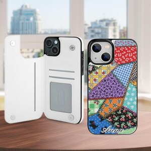 Faux Patchwork Quilt Wallet Phone Case with Card Holder for iPhone 17E 17 16 15, Pro Max, Samsung Galaxy S26 S25 S24 Ultra Plus