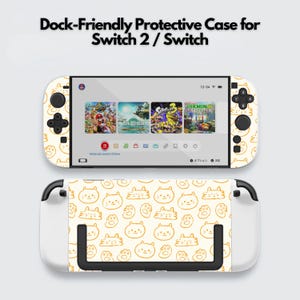May include: A white and yellow protective case for a Switch 2 / Switch. The case features a repeating pattern of cat faces and paw prints. The screen displays game icons. The text "Dock-Friendly Protective Case for Switch 2 / Switch" is at the top.