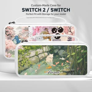 May include: White custom-made Switch 2 / Switch case with a handle. The case features a colourful design with anime characters and a pond scene with a white cat, fish, and the name "Anna". The text "Custom-Made Case for SWITCH 2 / SWITCH" is at the top.