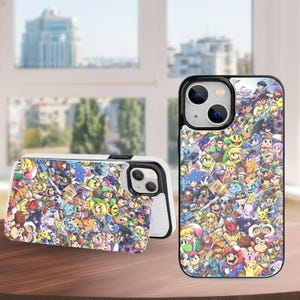 Funda tipo cartera con tarjetero y diseño de fanart gamer para iPhone 16, 15, 14 y 13 Pro Max Plus y Samsung Galaxy S25, S24 y S23 Ultra Plus