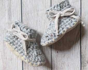 Leather Bottom Baby Booties; Grey Marble