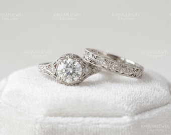 jaren 1930 vintage 2,10 kt witte rond geslepen verlovingstrouwring set in 925 sterlingzilver, vintage verlovingsring, ringen voor vrouwen, ringset