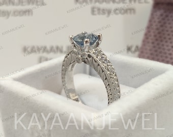 Aquamarine ring, Vintage art deco 2.0 Ct aquamarine Round Engagement Ring in 925 Sterling Silver, Edwardian ring,Gift for Women,womens rings