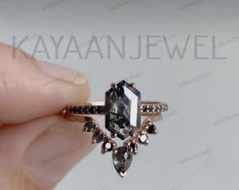 2.30Ct Salt and Pepper Hexagon Cut Engagement Wedding Ring Set in 925 Sterling Silver, Salt and pepper ring, Gift for Women, gifts