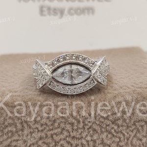 1930s Vintage 2.30Ct White Marquise cut diamond wedding engagement ring in 935 Argentium Silver, Antique engagement ring, Rings for women