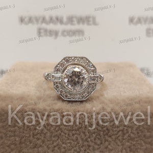 1930s Vintage 2.30 Ct White round cut diamond wedding engagement ring in 935 Argentium Silver, Antique engagement ring, Rings for women,gift
