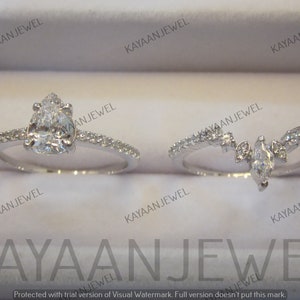 Conjunto de aliança de casamento de noivado com diamante de corte de pêra branca de 2,30 quilates em prata esterlina 925, conjunto de aliança de noiva, anel de sotaque solitário, presente para mulheres, presentes