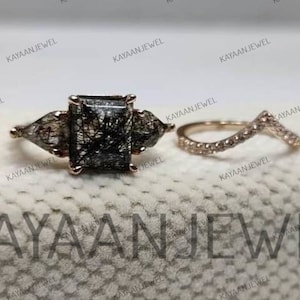 2.40Ct Salt and Pepper Emerald Cut Diamond Engagement Wedding Ring Set in 925 Sterling Silver, Salt and pepper ring, Gift for Women,Emerald
